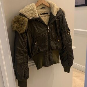 Baby Phat Y2K Ski Winter Olive Green Bomber Jacket with Gold Accents